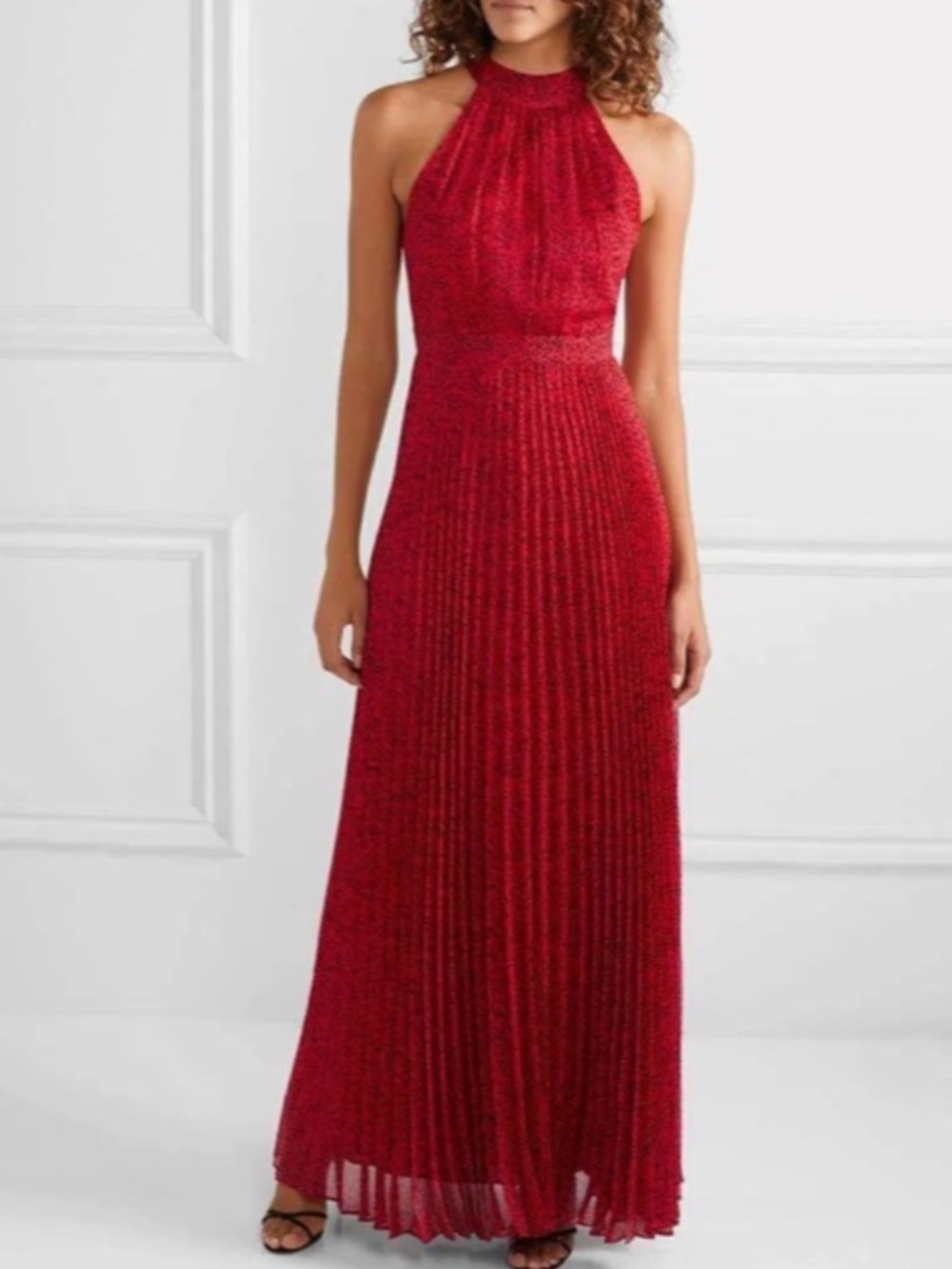 Alice + Olivia Kelissa Leopard Halter Maxi Dress red pleated sleeveless